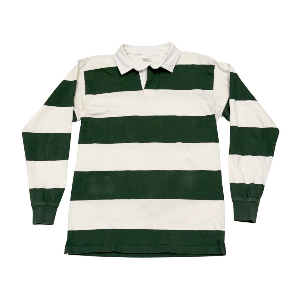 AS Colour Mens Small Green & Cream Striped Long Sleeve Preppy Rugby Polo Shirt